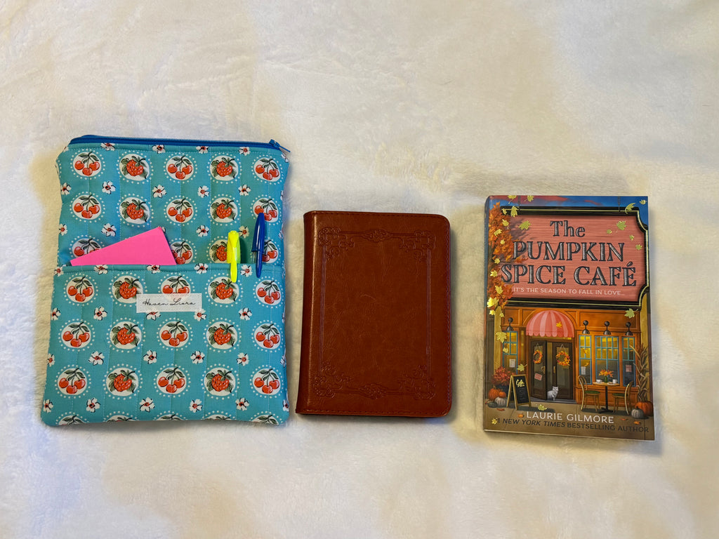 Sweet Cherry Pie Blue Kindle Sleeve interior showing delicate blue floral lining and blue zipper