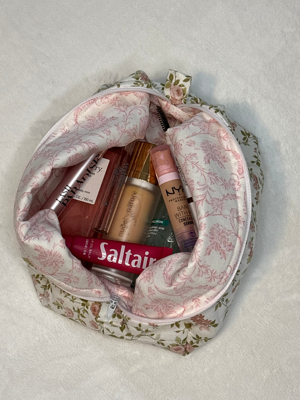 French Rose Blush Large Makeup Bag - filled with makeup