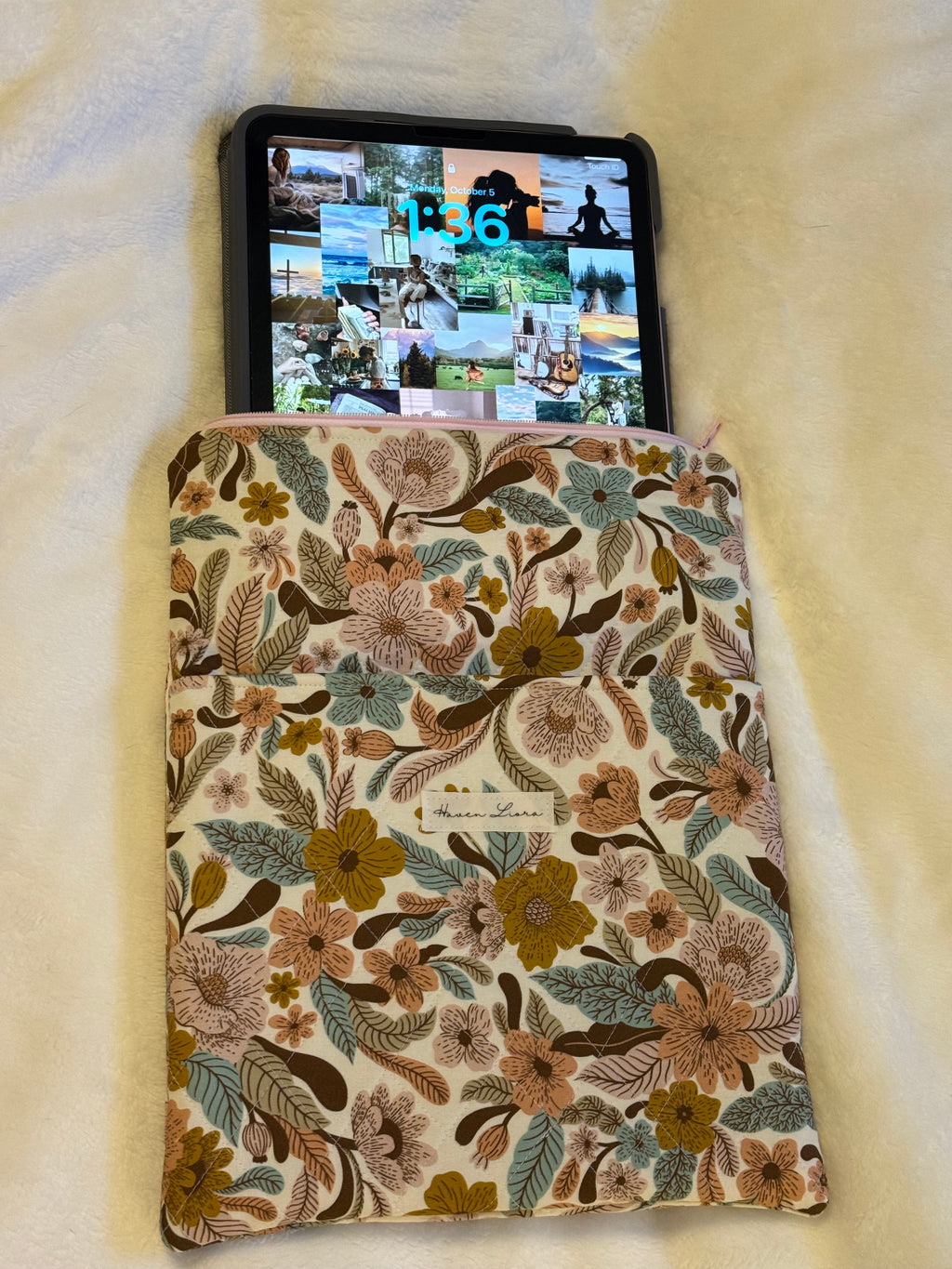 Folk Floral Tablet Sleeve shown with iPad tablet inserted to demonstrate fit