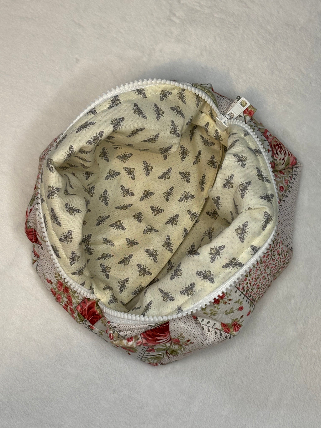 Vintage Rosette 2.0 Large Makeup Bag - open interior with honeybee lining