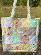 Cottage Patchwork Tote side angle view showing depth and double handles